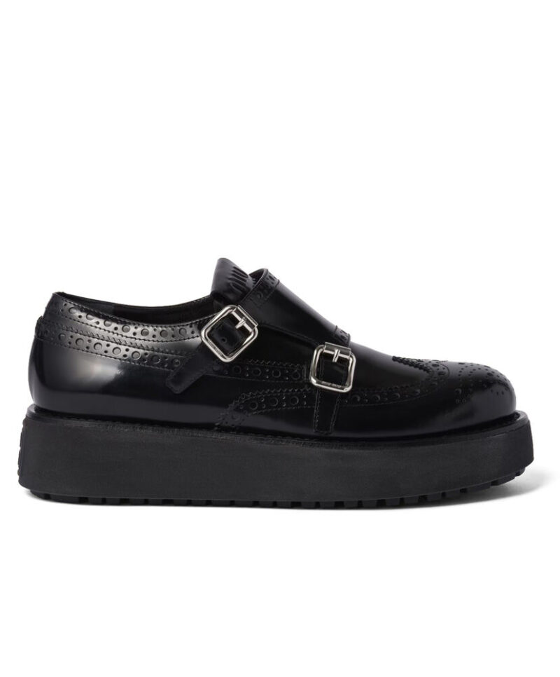 Miumiu Women's Brushed Leather Monk Strap Flatform Brogues 5E176E Black