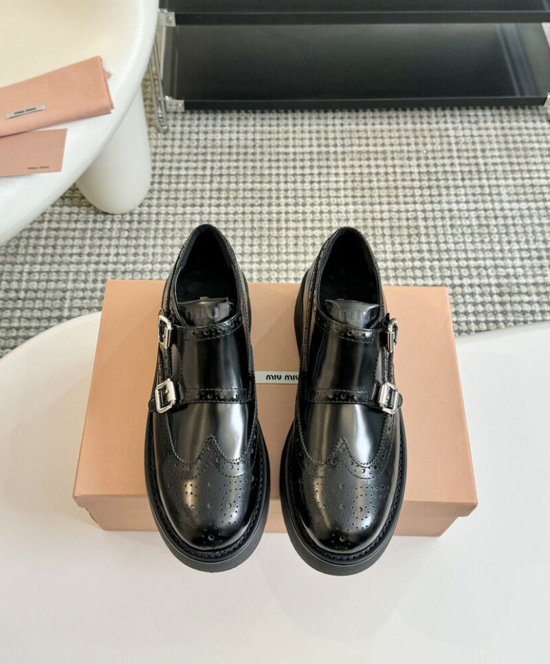 Miumiu Women's Brushed Leather Monk Strap Flatform Brogues 5E176E Black