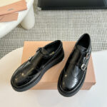 Miumiu Women's Brushed Leather Monk Strap Flatform Brogues 5E176E Black
