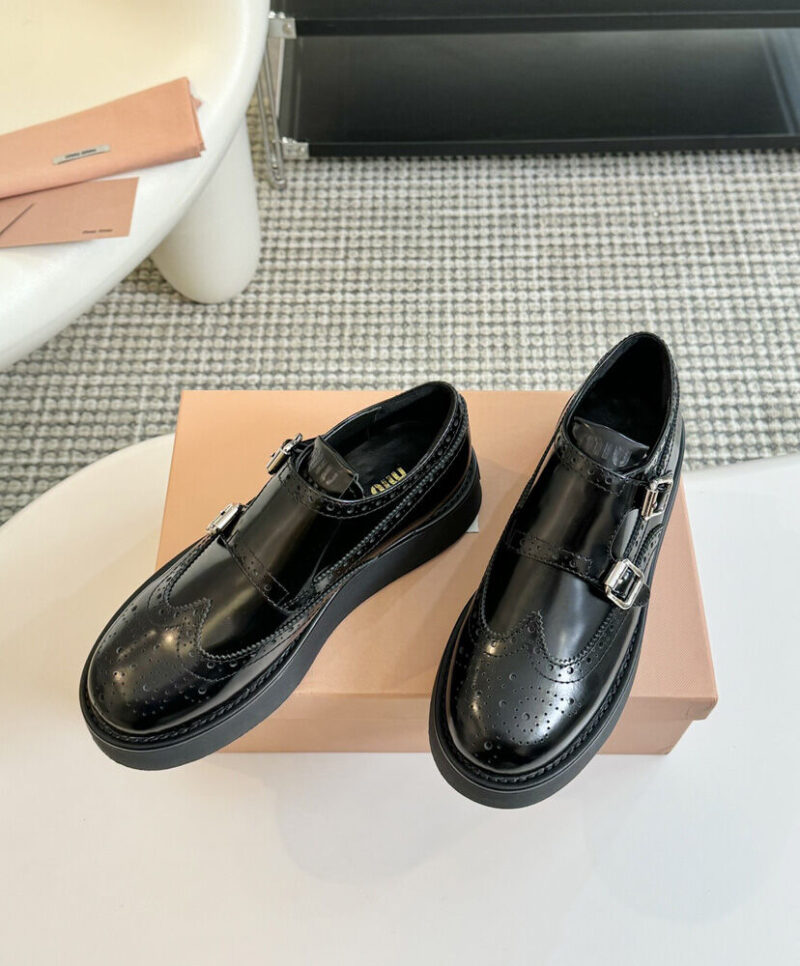 Miumiu Women's Brushed Leather Monk Strap Flatform Brogues 5E176E Black