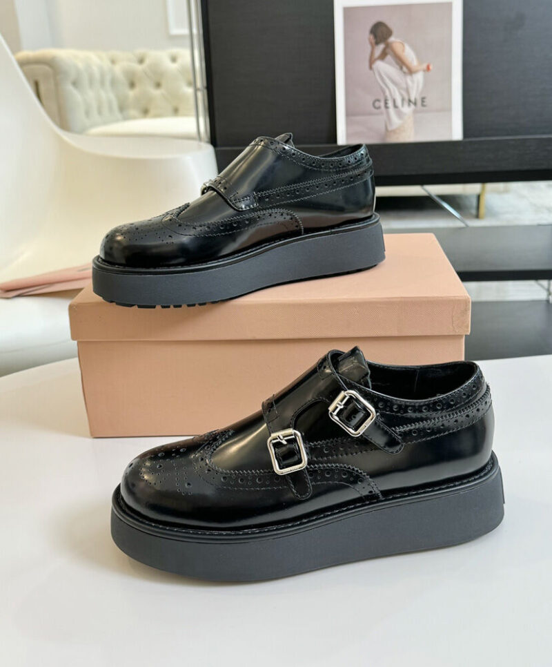 Miumiu Women's Brushed Leather Monk Strap Flatform Brogues 5E176E Black
