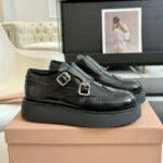 Miumiu Women's Brushed Leather Monk Strap Flatform Brogues 5E176E Black