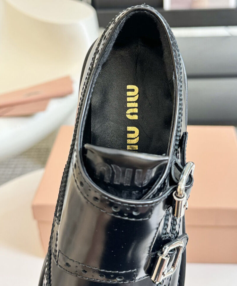 Miumiu Women's Brushed Leather Monk Strap Flatform Brogues 5E176E Black