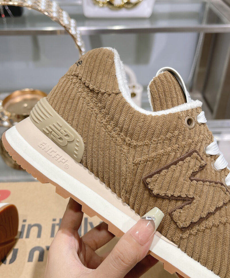 Miumiu x New Balance 574 Striped Velvet Sneakers Dark Coffee