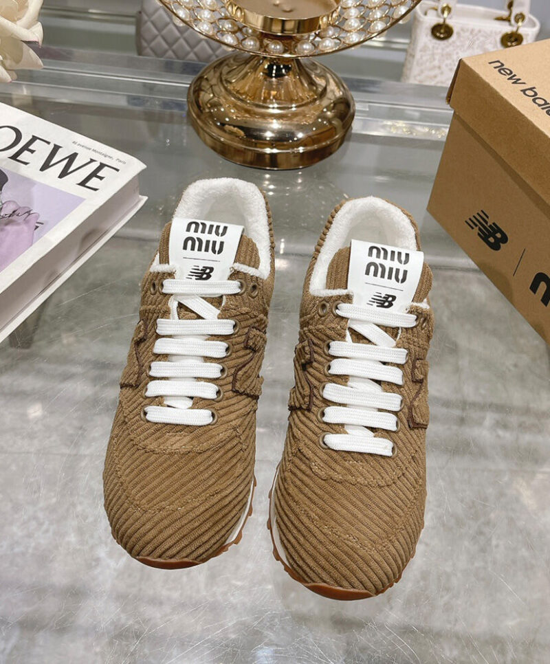 Miumiu x New Balance 574 Striped Velvet Sneakers Dark Coffee
