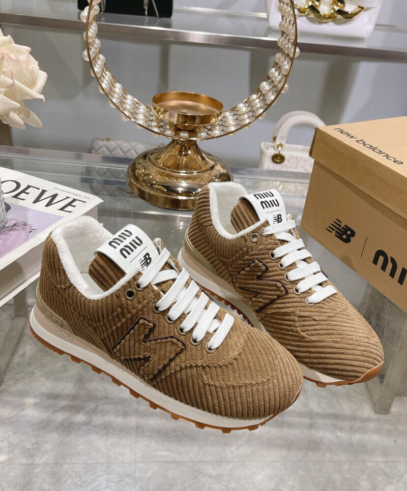 Miumiu x New Balance 574 Striped Velvet Sneakers Dark Coffee
