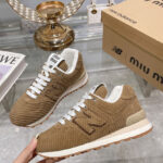 Miumiu x New Balance 574 Striped Velvet Sneakers Dark Coffee