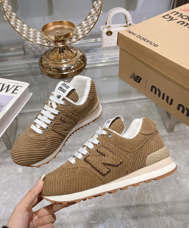 Miumiu x New Balance 574 Striped Velvet Sneakers Dark Coffee