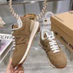 Miumiu x New Balance 574 Striped Velvet Sneakers Dark Coffee