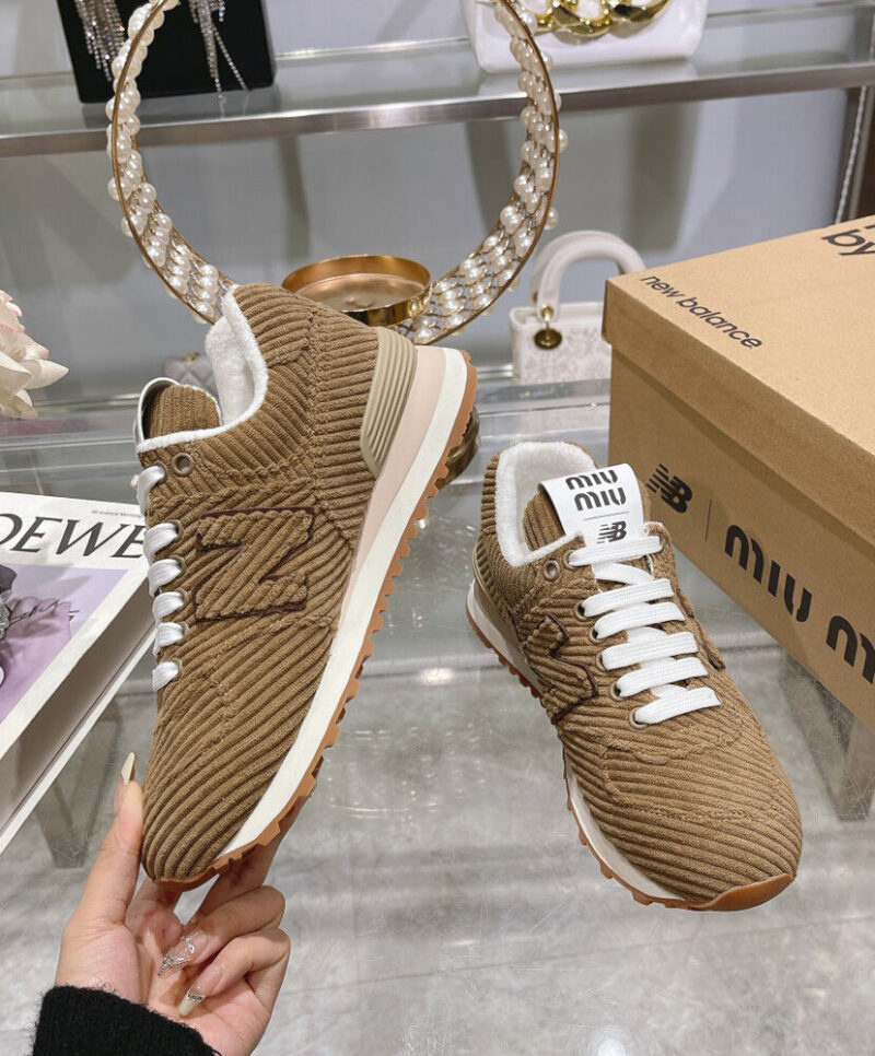 Miumiu x New Balance 574 Striped Velvet Sneakers Dark Coffee