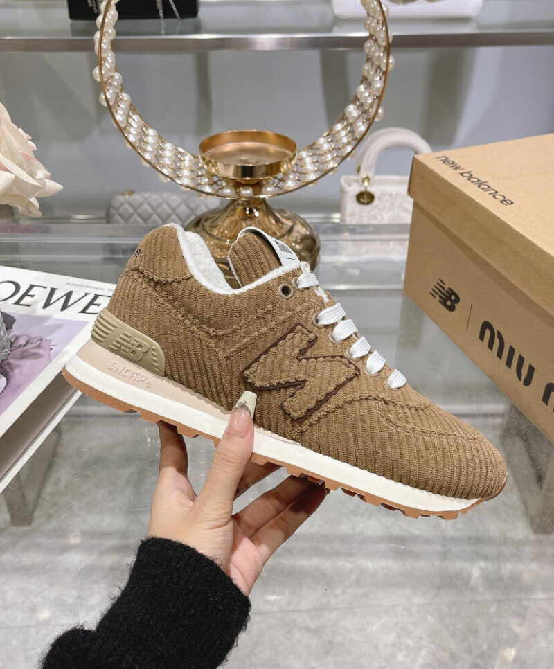 Miumiu x New Balance 574 Striped Velvet Sneakers Dark Coffee