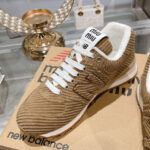 Miumiu x New Balance 574 Striped Velvet Sneakers Dark Coffee