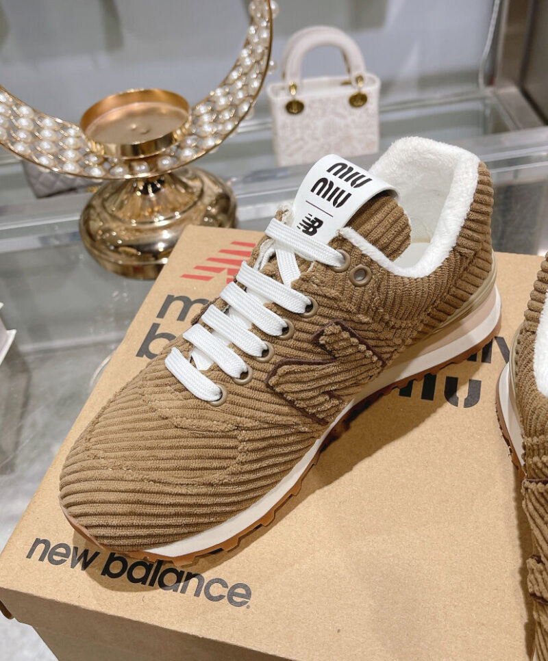 Miumiu x New Balance 574 Striped Velvet Sneakers Dark Coffee