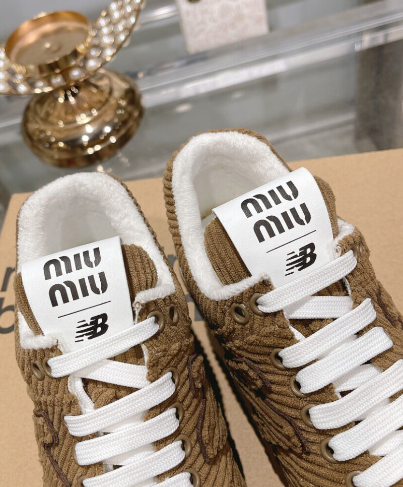 Miumiu x New Balance 574 Striped Velvet Sneakers Dark Coffee