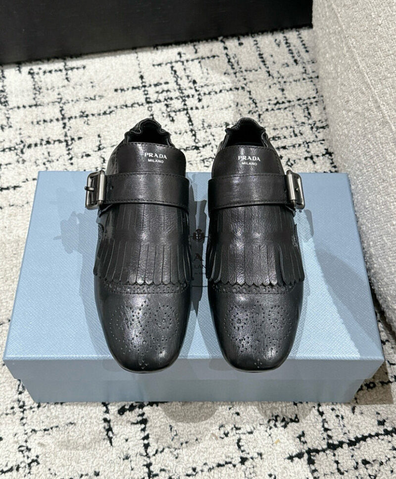 Prada Women's Shuffle Fringed Monk Strap Shoes Black