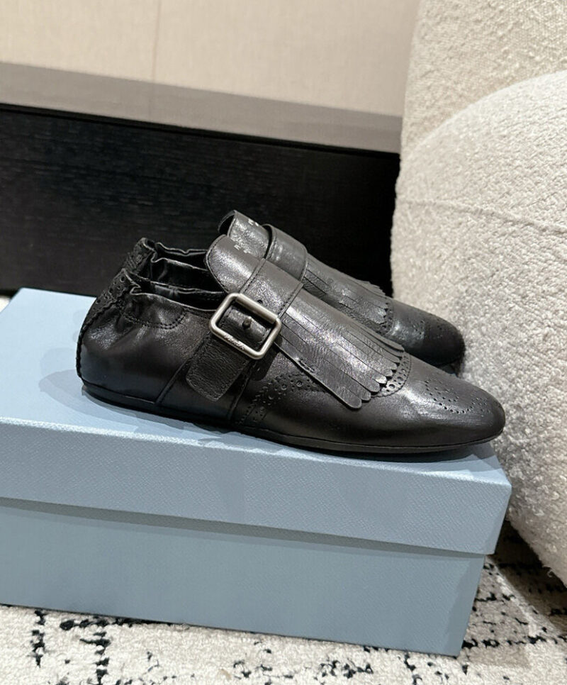 Prada Women's Shuffle Fringed Monk Strap Shoes Black
