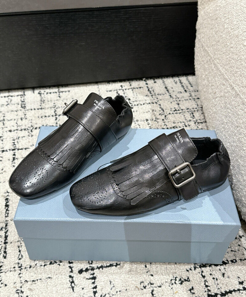 Prada Women's Shuffle Fringed Monk Strap Shoes Black