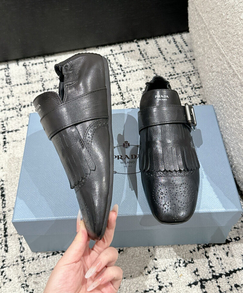 Prada Women's Shuffle Fringed Monk Strap Shoes Black