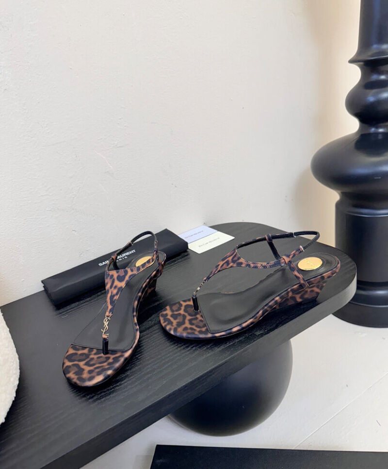 Saint Laurent Cassandra Wedges In Leopard Grosgrain Coffee