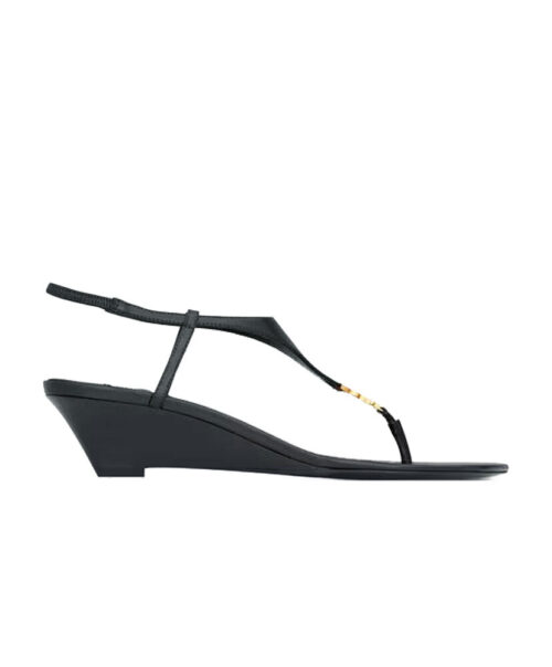 Saint Laurent Le Cassandra Smooth Leather Wedge Sandals Black