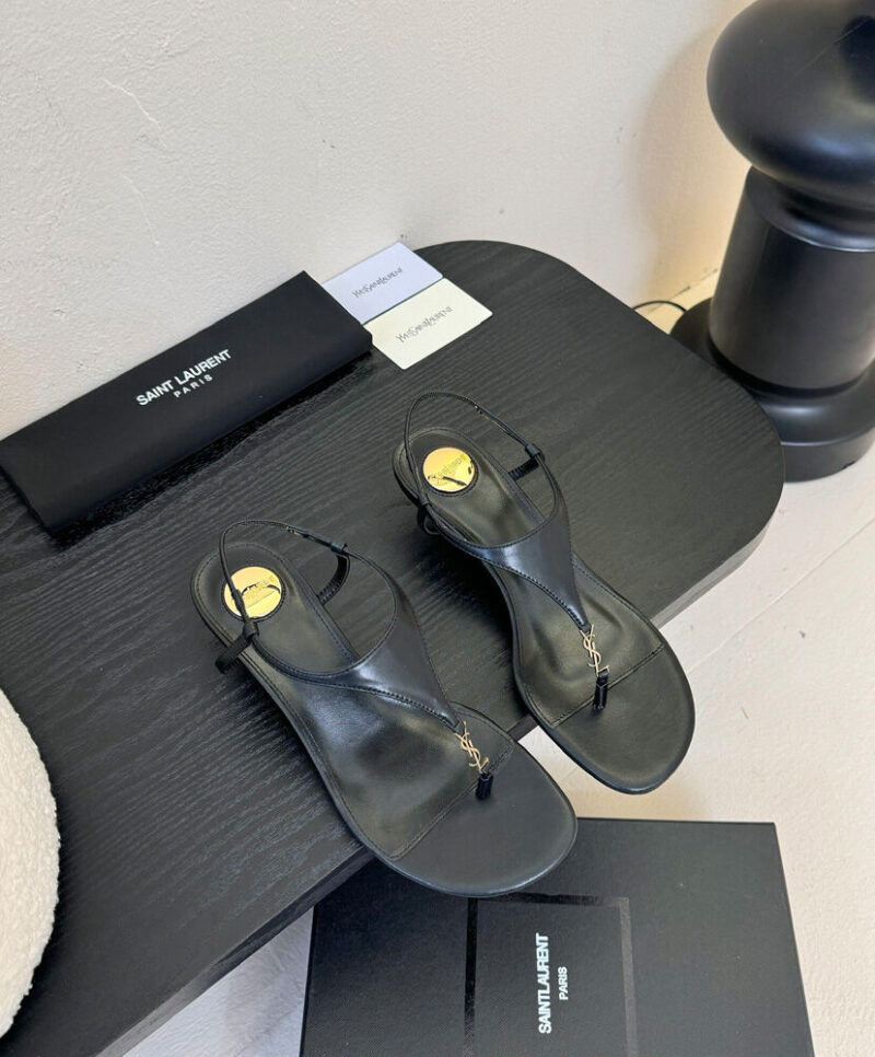 Saint Laurent Le Cassandra Smooth Leather Wedge Sandals Black