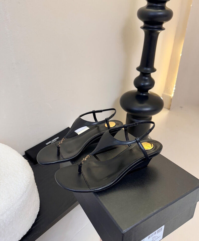 Saint Laurent Le Cassandra Smooth Leather Wedge Sandals Black
