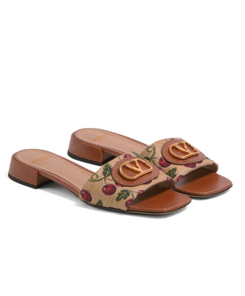 Valentino Garavani Vlogo Signature Cherry Jacquard Sandals Coffee