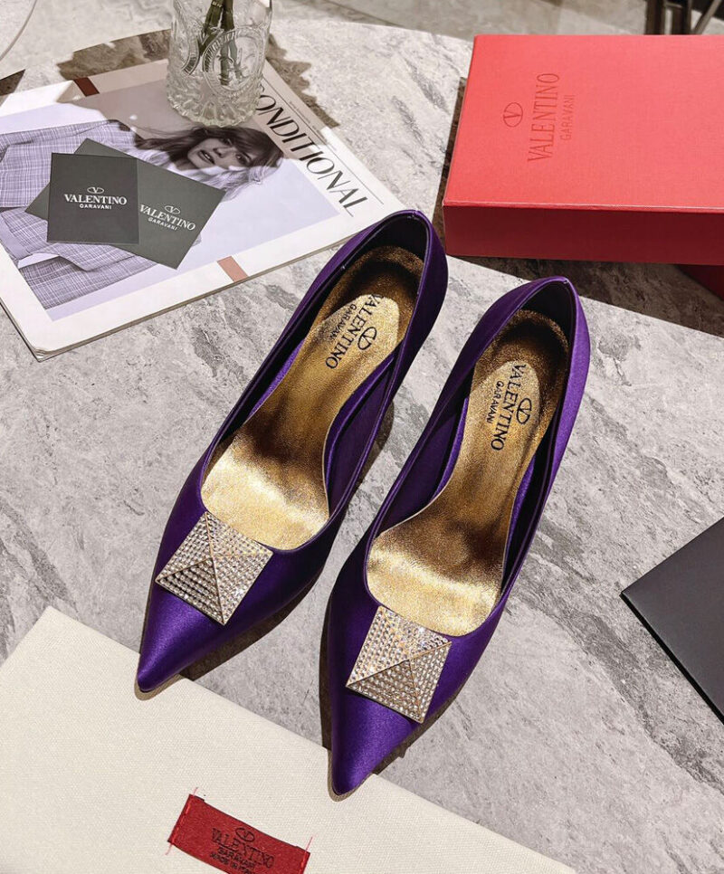 Valentino Women's One Stud Satin Pump With Stud And Crystals 100MM Purple