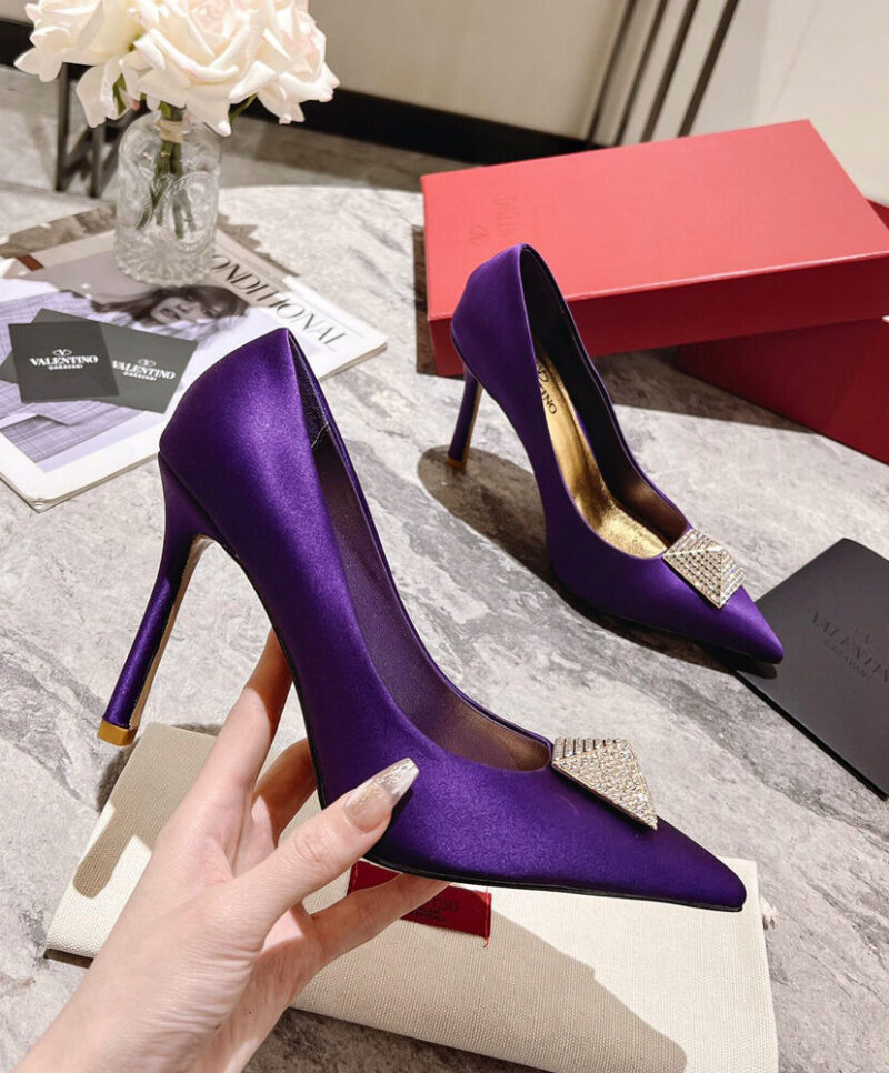 Valentino Women's One Stud Satin Pump With Stud And Crystals 100MM Purple