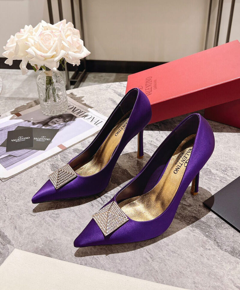 Valentino Women's One Stud Satin Pump With Stud And Crystals 100MM Purple