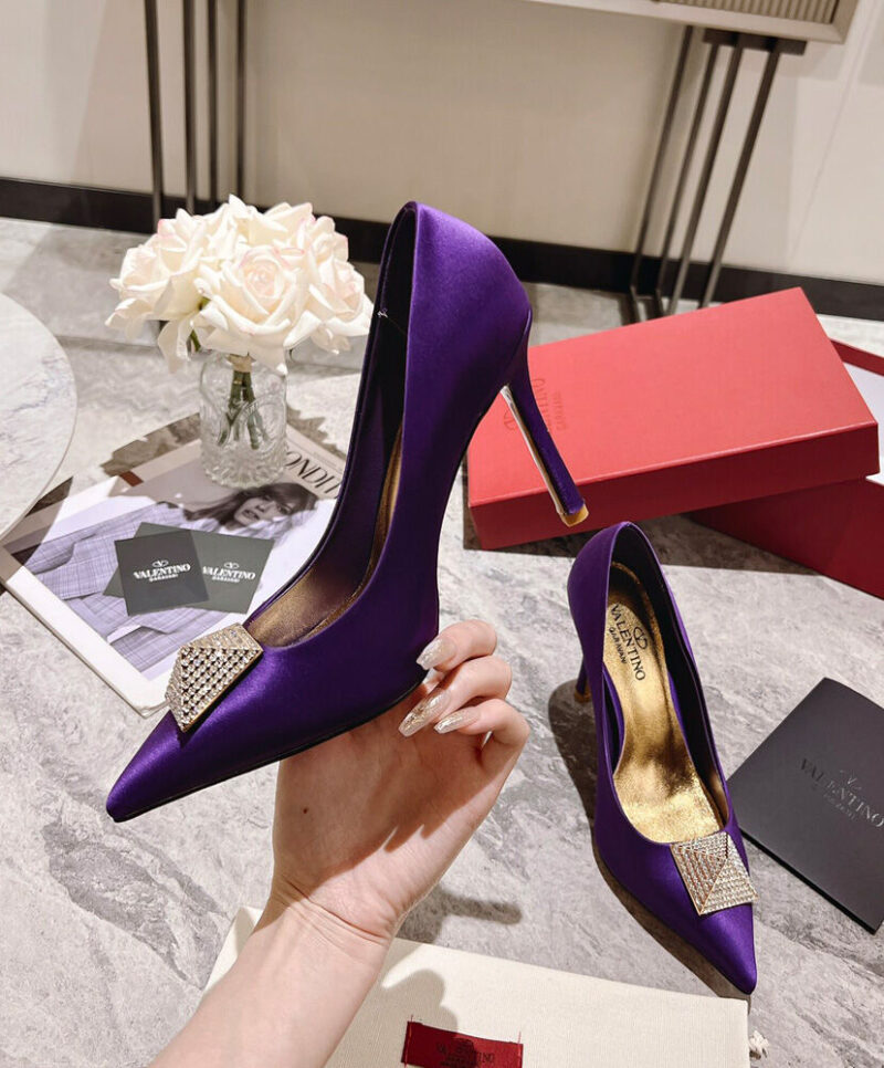 Valentino Women's One Stud Satin Pump With Stud And Crystals 100MM Purple