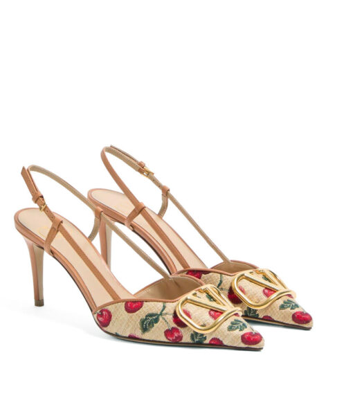 Valentino Garavani Vlogo Signature Cherry Pattern Jacquard Lace-Up High Heels Coffee